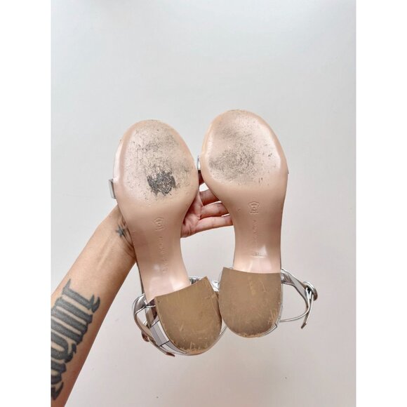 GIANVITO ROSSI Silver Leather Mirrored Block Heel Wraparound Sandals, Size 40 - Picture 11 of 13